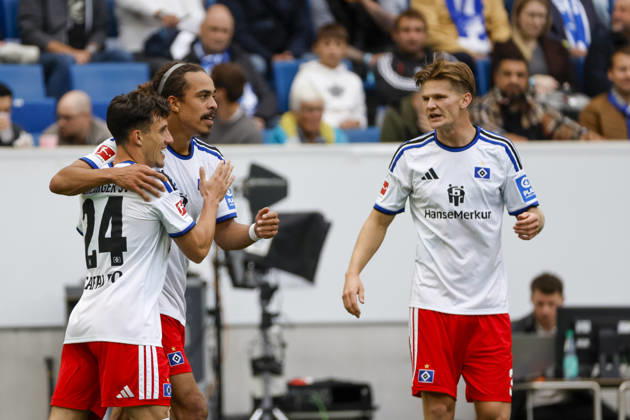 Hamburger SV celebrates Yussuf Poulsen s 0-1 goal; Hamburger SV, 15; joy, excitement, positive emotions, goal, Germany, soccer, Bundesliga 1, Matchday 5, 2026–2027, TSG Hoffenheim vs. Hamburger SV, October 10, 2026, Sinsheim SNP Arena, Germany Copyright: xGrantxHubbsx