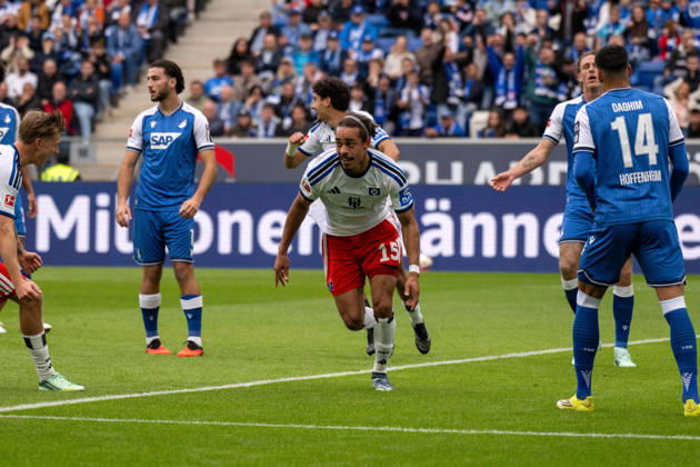 Goal celebration by goal scorer Yussuf Poulsen, Hamburger SV xettx, Germany, Sinsheim, October 10, 2026, Soccer, Bundesliga: TSG 1899 Hoffenheim vs. Hamburger SV, 2026–2027 season, Matchday 5, SNP Arena. DFL and DFB regulations prohibit any use of photographs as image sequences and or quasi-video.