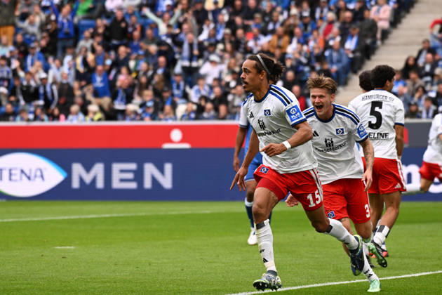 Goal celebration by goal scorer Yussuf Poulsen, Hamburger SV xettx, Germany, Sinsheim, October 10, 2026, Soccer, Bundesliga: TSG 1899 Hoffenheim vs. Hamburger SV, 2026–2027 season, Matchday 5, SNP Arena. DFL and DFB regulations prohibit any use of photographs as image sequences and or quasi-video.