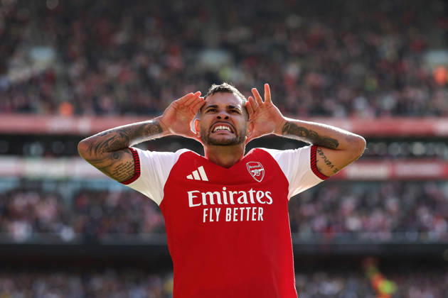 Arsenal gegen Leeds United, 10. Oktober 2026, London, Premier League, Fußball: Arsenal gegen Leeds United – Bruno Guimaraes von Arsenal feiert das zweite Tor seines Teams. Foto: Charlotte Wilson, Offside, London, Großbritannien Copyright: xCharlottexWilsonx xOffsidexOffside
