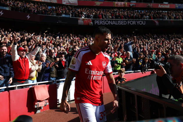 Arsenal gegen Leeds United, 10. Oktober 2026, London, Premier League, Fußball: Arsenal gegen Leeds United – Bruno Guimaraes von Arsenal feiert das zweite Tor seines Teams. Foto: Charlotte Wilson, Offside, London, Großbritannien Copyright: xCharlottexWilsonx xOffsidexOffside