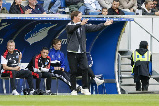 Merlin Polzin, Hamburger SV, Coach, Facial Expressions, Emotion, Germany, Soccer, Bundesliga 1, Matchday 5, 2026–2027, TSG Hoffenheim vs. Hamburger SV, October 10, 2026, Sinsheim SNP Arena, Germany Copyright: xGrantxHubbsx