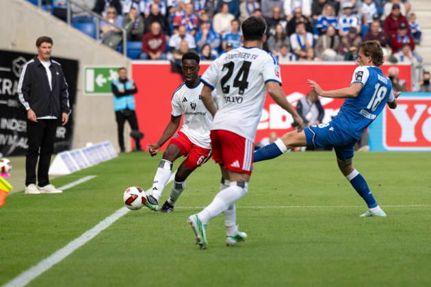 Albert Sambi Lokonga (Hamburger SV), Wouter Burger (TSG 1899 Hoffenheim), and Nicolas Capaldo (Hamburger SV), Germany, Sinsheim, October 10, 2026, Soccer, Bundesliga: TSG 1899 Hoffenheim vs. Hamburger SV, 2026–2027 season, Matchday 5, SNP Arena. DFL and DFB regulations prohibit any use of photographs as image sequences and or quasi-video.