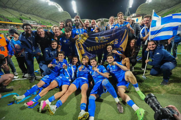 AUSTRALIA CUP SOUTH MELBOURNE VICTORY, South Melbourne celebrate with the trophy after winning the Australia Cup final match between South Melbourne FC and Melbourne Victory FC at AAMI Park in Melbourne, Saturday, October 10, 2026. ( NO ARCHIVING, EDITORIAL USE ONLY MELBOURNE VICTORIA Australia  Copyright: xSCOTTxBARBOURx 20261011129026044509