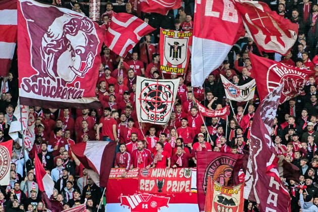 October 10, 2026, Germany, Soccer, Men s, 1. Bundesliga, Matchday 5, FC Augsburg vs. FC Bayern Munich, FC Bayern fan section, flags, ultras, fans, taunting banner against 1860 Augsburg, WWK Arena, Bavaria, Germany Copyright: xNordphotox xHafnerx