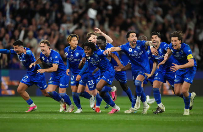AUSTRALIA CUP SOUTH MELBOURNE VICTORY, South Melbourne FC celebrate as they win the match after a penalty shoot-out during the Australia Cup final match between South Melbourne FC and Melbourne Victory FC at AAMI Park in Melbourne, Saturday, October 10, 2026. ( NO ARCHIVING, EDITORIAL USE ONLY MELBOURNE VICTORIA Australia  Copyright: xSCOTTxBARBOURx 20261011115667331127
