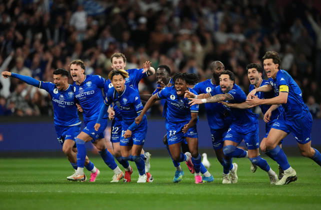 AUSTRALIA CUP SOUTH MELBOURNE VICTORY, South Melbourne FC celebrate as they win the match after a penalty shoot-out during the Australia Cup final match between South Melbourne FC and Melbourne Victory FC at AAMI Park in Melbourne, Saturday, October 10, 2026. ( NO ARCHIVING, EDITORIAL USE ONLY MELBOURNE VICTORIA Australia  Copyright: xSCOTTxBARBOURx 20261011195595097450