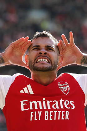 Arsenal gegen Leeds United, 10. Oktober 2026, London, Premier League, Fußball: Arsenal gegen Leeds United – Bruno Guimaraes von Arsenal feiert das zweite Tor seines Teams. Foto: Charlotte Wilson, Offside, London, Großbritannien Copyright: xCharlottexWilsonx xOffsidexOffside