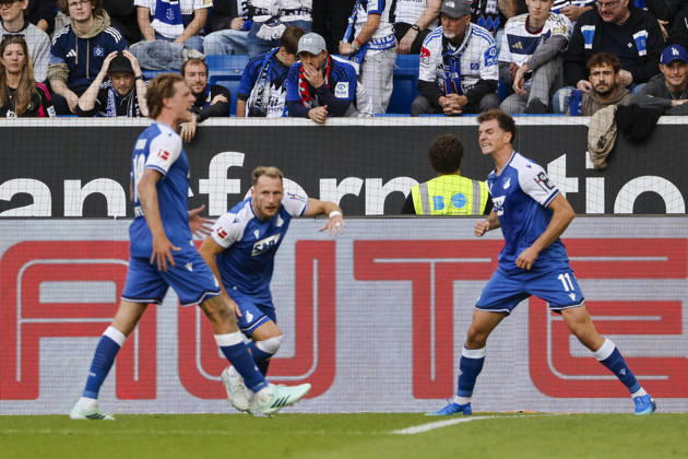 TSG Hoffenheim celebrates Fisnik Asllani s goal to tie the game at 1-1, TSG Hoffenheim, 11, joy, excitement, positive emotions, goal, Germany, soccer, Bundesliga 1, Matchday 5, 2026–2027, TSG Hoffenheim vs. Hamburger SV, October 10, 2026, Sinsheim SNP Arena, Germany Copyright: xGrantxHubbsx