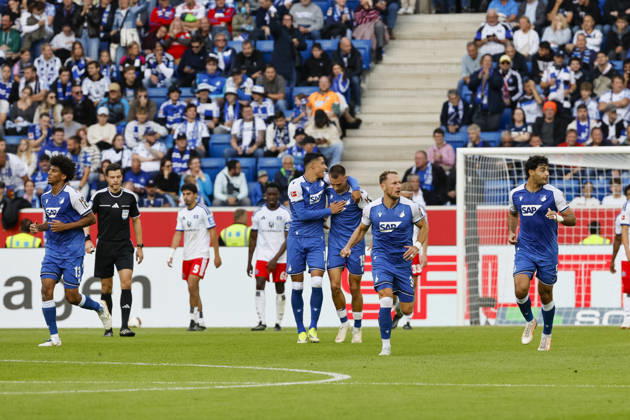 TSG Hoffenheim celebrates Fisnik Asllani s goal to tie the game at 1-1, TSG Hoffenheim, 11, joy, excitement, positive emotions, goal, Germany, soccer, Bundesliga 1, Matchday 5, 2026–2027, TSG Hoffenheim vs. Hamburger SV, October 10, 2026, Sinsheim SNP Arena, Germany Copyright: xGrantxHubbsx