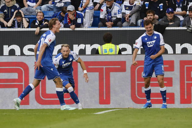 TSG Hoffenheim celebrates Fisnik Asllani s goal to tie the game at 1-1, TSG Hoffenheim, 11, joy, excitement, positive emotions, goal, Germany, soccer, Bundesliga 1, Matchday 5, 2026–2027, TSG Hoffenheim vs. Hamburger SV, October 10, 2026, Sinsheim SNP Arena, Germany Copyright: xGrantxHubbsx