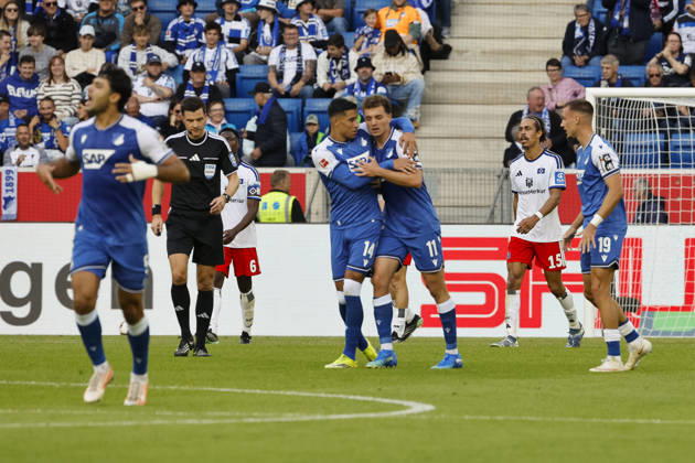 TSG Hoffenheim celebrates Fisnik Asllani s goal to tie the game at 1-1, TSG Hoffenheim, 11, joy, excitement, positive emotions, goal, Germany, soccer, Bundesliga 1, Matchday 5, 2026–2027, TSG Hoffenheim vs. Hamburger SV, October 10, 2026, Sinsheim SNP Arena, Germany Copyright: xGrantxHubbsx