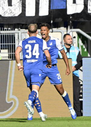 Alleged goal to make it 1–1 by Bambase Conte (TSG 1899 Hoffenheim, 20) disallowed due to a foul in the build-up. Goal celebration by Vladimir Coufal (TSG 1899 Hoffenheim, 34). TSG 1899 Hoffenheim vs. Hamburger SV (HSV) 10–10 2026 DFL regulations prohibit any use of photographs as image sequences and or quasi-video. TSG 1899 Hoffenheim vs. Hamburger SV (HSV)
