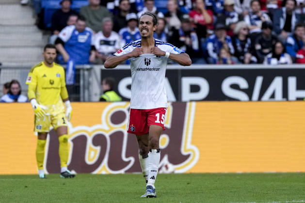 Yussuf Poulsen (HSV), 15, player for Hamburger SV (HSV), looking disappointed, disappointment, frustration, pessimistic, after the goal that tied the score at 1-1, action, game scene, cutout, Full-body, single frame, single photo, October 10, 2026, Sinsheim, Germany, soccer, Bundesliga, TSG 1899 Hoffenheim vs. Hamburger SV, DFB and DFL regulations prohibit any use of photographs as image sequences and or quasi-video xozx