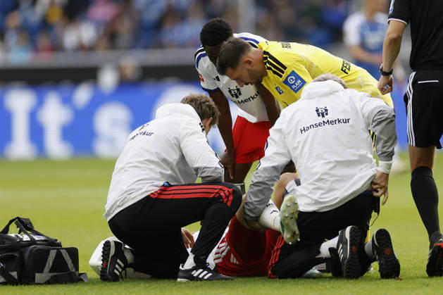 Nicolai Remberg (HSV), injured, in the Bundesliga match between TSG 1899 Hoffenheim and Hamburger SV at the PreZero Arena, Sinsheim, Germany, on October 10, 2026, in action during the Bundesliga match between TSG 1899 Hoffenheim and Hamburger SV at the PreZero Arena, Sinsheim, Germany, on October 10, 2026. DFB and DFL regulations prohibit any use of photographs as image sequences and or quasi-video, Copyright: HMBxMedia xHeikoxBecker