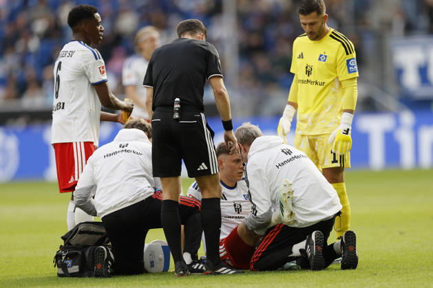 Nicolai Remberg (HSV), injured, in the Bundesliga match between TSG 1899 Hoffenheim and Hamburger SV at the PreZero Arena, Sinsheim, Germany, on October 10, 2026, in action during the Bundesliga match between TSG 1899 Hoffenheim and Hamburger SV at the PreZero Arena, Sinsheim, Germany, on October 10, 2026. DFB and DFL regulations prohibit any use of photographs as image sequences and or quasi-video, Copyright: HMBxMedia xHeikoxBecker