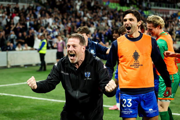 October 10, 2026, Melbourne, Victoria, Australia: MELBOURNE, AUSTRALIA - OCTOBER 10: Fans celebrate Maximillian Mikkola of South M<elbourne FC scoring in the Australia Cup Final match against Melbourne Victory FC at AAMI Park on October 10, 2026 in Melbourne, Austr0alia. South Melbourne FC V Melbourne Victory FC - Australia Cup 2026 Final  - ZUMAp121 20261010_zsp_p121_037 Copyright: xChrisxPutnamx