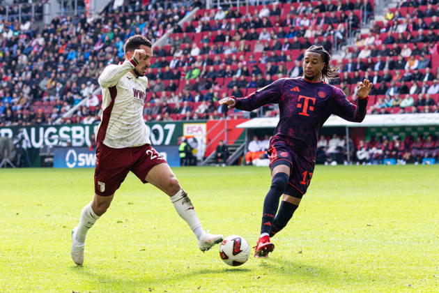 Germany: FC Augsburg vs. FC Bayern Munich, Bundesliga 1, Matchday 5, 2026–27 Season, WWK Arena, Augsburg; Michael Olise, FC Bayern Munich, 17; Arijon Ibrahimovic, FC Augsburg, 21; Augsburg, WWK Arena, Bayern, Germany Copyright: xBenedictxChristx