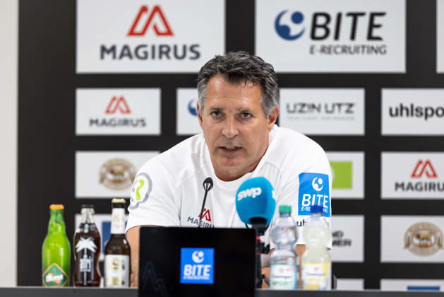 SSV Ulm 1846 Soccer vs. Eintracht Frankfurt II, Soccer, Regionalliga Southwest, Matchday 11, Donaustadion Ulm, October 26, 2010—Post-match press conference, cropped single image, portrait of Alois Schwartz, SSV Ulm 1846 soccer, coach and sporting director, SSV Ulm 1846 vs. Eintracht Frankfurt II, Soccer, Regionalliga Southwest, Matchday 11, Donaustadion Ulm, October 26, Photo by Lucca Fundel, Ulm, Donaustadion, Baden-Württemberg, Germany