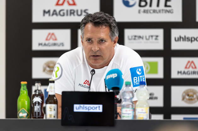 SSV Ulm 1846 Soccer vs. Eintracht Frankfurt II, Soccer, Regionalliga Southwest, Matchday 11, Donaustadion Ulm, October 26, 2010; Post-match press conference; cropped single image; portrait of Alois Schwartz, SSV Ulm 1846 soccer, coach and sporting director; SSV Ulm 1846 Soccer vs. Eintracht Frankfurt II, Soccer, Regionalliga Southwest, Matchday 11, Donaustadion Ulm, October 26, Photo by Lucca Fundel, Ulm, Donaustadion, Baden-Württemberg, Germany