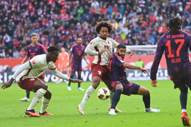 Ismael SAIBARI, Bayern Munich; action, tackle against Han Noah MASENGO, FC Augsburg, and Li Seong Hoon CHEON, FC Augsburg; soccer, Bundesliga Season 2026–2027, Matchday 5, Matchday 05, FC Augsburg vs. FC Bayern Munich on October 10, 2026, WWK ARENA