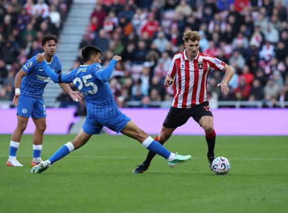 Sunderland, England, 10th October 2026. Thomas Meunier (R) of Sunderland in action with Diego Gomez of Brighton during the Sunderland vs Brighton and Hove Albion Premier League match at the Stadium Of Light, Sunderland. Picture credit should read: Nigel Roddis Sportimage EDITORIAL USE ONLY. No use with unauthorised audio, video, data, fixture lists, club league logos or live services. Online in-match use limited to 120 images, no video emulation. No use in betting, games or single club league player publications. SPI_011_NR_SUND_BRIG SPI-5059-0011