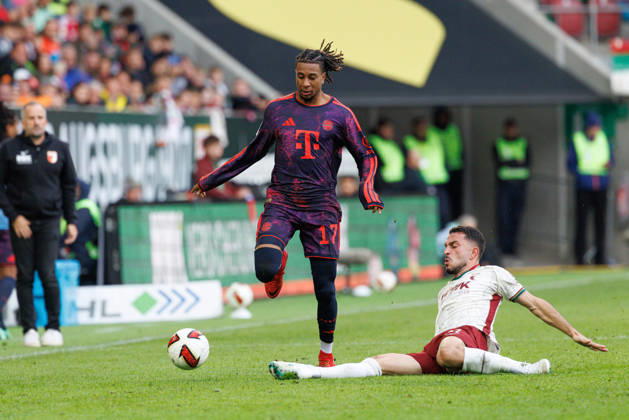Michael Olise, 17, FC Bayern Munich, and Arijon Ibrahimovic, 21, FC Augsburg, during the match between FC Augsburg and FC Bayern Munich, soccer, men s, Bundesliga, 2026–2027, Matchday 5 on October 10, 2026, in Augsburg, WWK ARENA. DFL and DFB regulations prohibit any use of photographs as image sequences and or quasi-video. Bayern, Germany