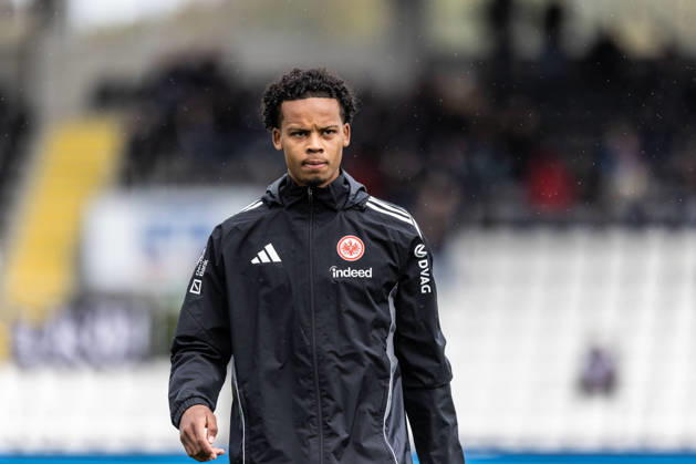 SSV Ulm 1846 Soccer vs. Eintracht Frankfurt II, Soccer, Regionalliga Southwest, Matchday 11, Donaustadion Ulm, October 26, warm-up, isolated portrait of Julian Yao Mawuli Etse, Eintracht Frankfurt II, 4 SSV Ulm 1846 Soccer vs. Eintracht Frankfurt II, Soccer, Regionalliga Southwest, Matchday 11, Donaustadion Ulm, October 26, Photo by Lucca Fundel, Ulm, Donaustadion, Baden-Württemberg, Germany
