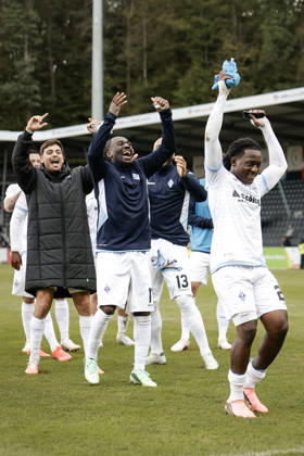 October 10, 2026, xhettx, Soccer 3rd Division, SG Sonnenhof Grossaspach vs. SV Waldhof Mannheim – Celebrating with the fans after the game, Nolan Muteba of SV Waldhof Mannheim, No. 29, takes center stage during the celebration