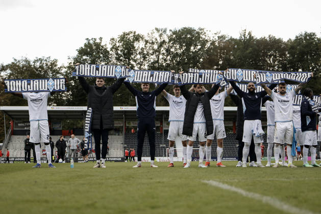 October 10, 2026, xhettx, Soccer 3rd Division, SG Sonnenhof Grossaspach vs. SV Waldhof Mannheim – Celebrating with the fans after the game