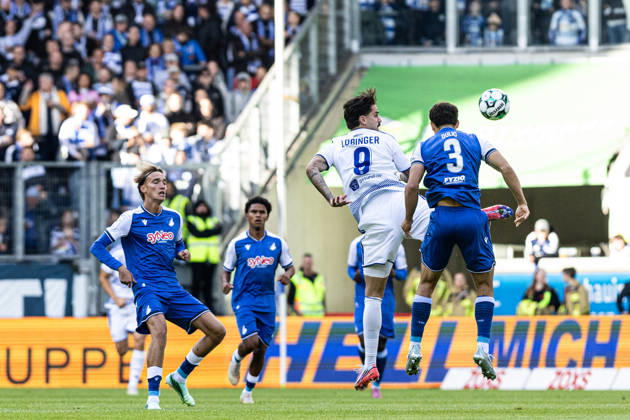 3rd Division: MSV Duisburg vs. TSG Hoffenheim II, October 10, 2026; Lex Tyger Lobinger (MSV Duisburg), 9; Sean Dulic (TSG Hoffenheim II), 3; 3rd Division, Matchday 8: MSV Duisburg vs. TSG Hoffenheim II at Schauinsland Reisen Arena, Duisburg, October 10, 2026 DFB regulations prohibit any use of photographs as image sequences and or quasi-video Copyright: xBEAUTIFULxSPORTS Buriakovx