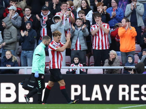 Sunderland, England, 10th October 2026. Thomas Meunier of Sunderland goes off injured during the Sunderland vs Brighton and Hove Albion Premier League match at the Stadium Of Light, Sunderland. Picture credit should read: Nigel Roddis Sportimage EDITORIAL USE ONLY. No use with unauthorised audio, video, data, fixture lists, club league logos or live services. Online in-match use limited to 120 images, no video emulation. No use in betting, games or single club league player publications. SPI_014_NR_SUND_BRIG SPI-5059-0014