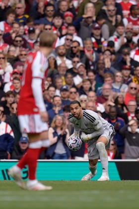 10th October 2026; Emirates Stadium, London, England; Premier League Football, Arsenal versus Leeds United; David Raya of Arsenal rolls the ball out TomxMajor