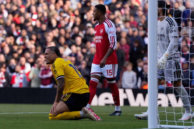 10th October 2026; Emirates Stadium, London, England; Premier League Football, Arsenal versus Leeds United; Noah Okafor of Leeds United drops to his knees after missing a chance to score TomxMajor