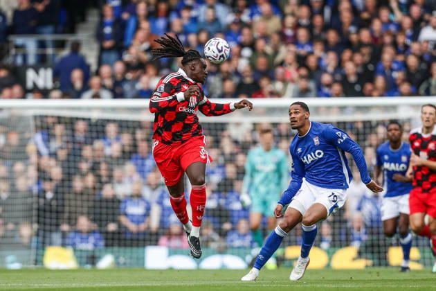 10th October 2026; Portman Road, Ipswich, Suffolk, England; Premier League Football, Ipswich Town versus Fulham; Calvin Bassey of Fulham heads clear from Emersonn of Ipswich Town AndyxSkinner
