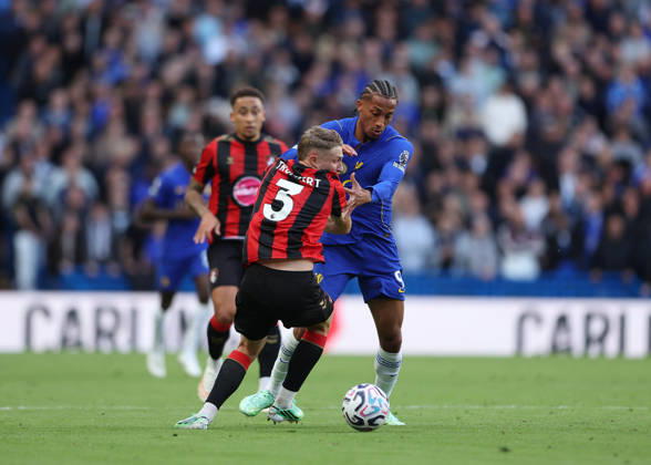 10th October 2026; Stamford Bridge, London, England; Premier League Football, Chelsea versus Bournemouth; Joao Pedro of Chelsea challenged by Adrien Truffert of AFC Bournemouth JohnxPatrickxFletcher