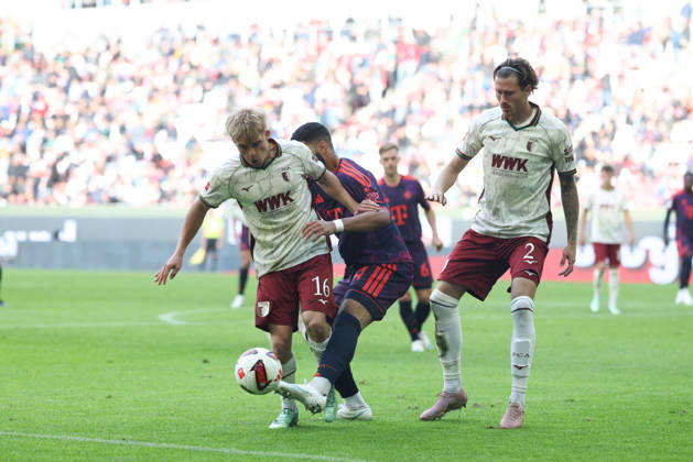 Hennes Behrens (FC Augsburg), 16, with Ismael Saibari (FC Bayern Munich), 34, and Calvin Brackelmann (FC Augsburg), 02, GER, FC Augsburg vs. FC Bayern Munich, Soccer, Bundesliga, Matchday 5, 2026–2027 Season, October 10, 2026, DFL and DFB regulations prohibit any use of photographs as image sequences and or quasi-video, GER, FC Augsburg vs. FC Bayern Munich, soccer, Bundesliga, Matchday 5, 2026–2027 season, October 10, 2026, Augsburg Copyright: xEibner-Pressefoto JennixMaulx EP_JML