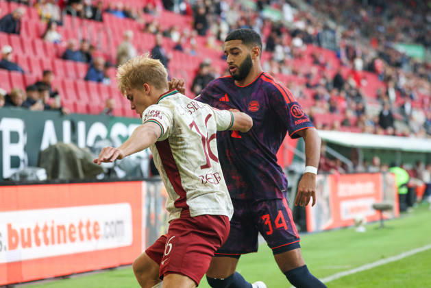 Hennes Behrens, FC Augsburg, 16, with Ismael Saibari, FC Bayern Munich, 34, GER, FC Augsburg vs. FC Bayern Munich, Soccer, Bundesliga, Matchday 5, 2026–2027 Season, October 10, 2026, DFL and DFB regulations prohibit any use of photographs as image sequences and or quasi-video, GER, FC Augsburg vs. FC Bayern Munich, soccer, Bundesliga, Matchday 5, 2026–2027 season, October 10, 2026, Augsburg Copyright: xEibner-Pressefoto JennixMaulx EP_JML