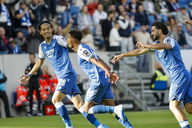 TSG Hoffenheim celebrates a goal after Bambase Conte scores to make it 2–1 for TSG Hoffenheim, 20, joy, excitement, positive emotions, goal, Germany, soccer, Bundesliga 1, Matchday 5, 2026–2027, TSG Hoffenheim vs. Hamburger SV, October 10, 2026, Sinsheim SNP Arena, Germany Copyright: xGrantxHubbsx