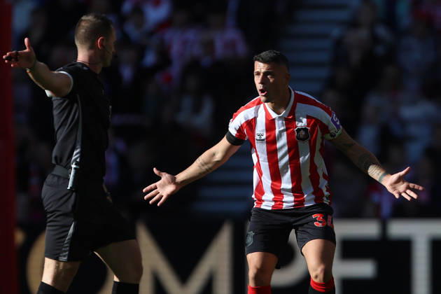 10th October 2026; Stadium of Light, Sunderland, England; Premier League Football, Sunderland versus Brighton and Hove Albion; Granit Xhaka of Sunderland appeals to the referee DavexLofthouse