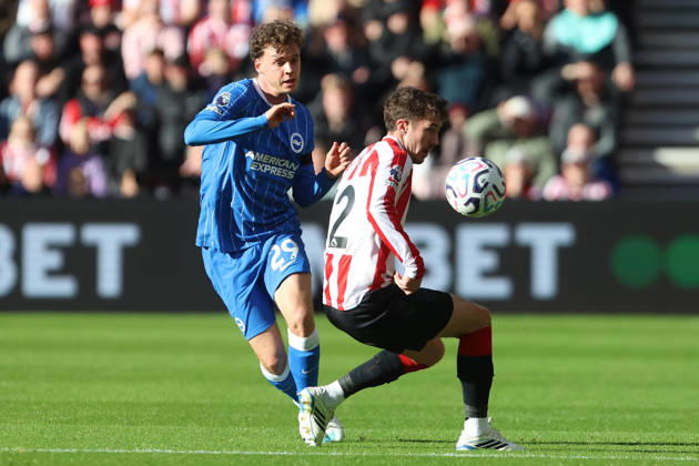 10th October 2026; Stadium of Light, Sunderland, England; Premier League Football, Sunderland versus Brighton and Hove Albion; Maxim De Cuyper of Brighton and Hove Albion challenges Trai Hume of Sunderland DavexLofthouse