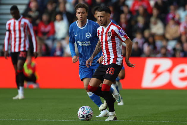 10th October 2026; Stadium of Light, Sunderland, England; Premier League Football, Sunderland versus Brighton and Hove Albion; Enzo Le Fee of Sunderland passes the ball DavexLofthouse