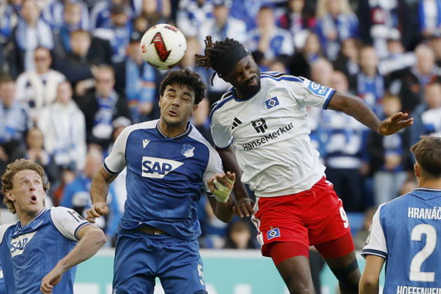 Terem Moffi of HSV outjumps Ozan Kabak of TSG Hoffenheim to head the ball into the net, scoring the goal to tie the game at 2–2, and celebrates the goal in the Bundesliga match between TSG 1899 Hoffenheim and Hamburger SV at the PreZero Arena, Sinsheim, Germany, on October 10, 2026, in action during the Bundesliga match between TSG 1899 Hoffenheim and Hamburger SV at the PreZero Arena, Sinsheim, Germany, on October 10, 2026. DFB and DFL regulations prohibit any use of photographs as image sequences and or quasi-video, Copyright: HMBxMedia xHeikoxBecker
