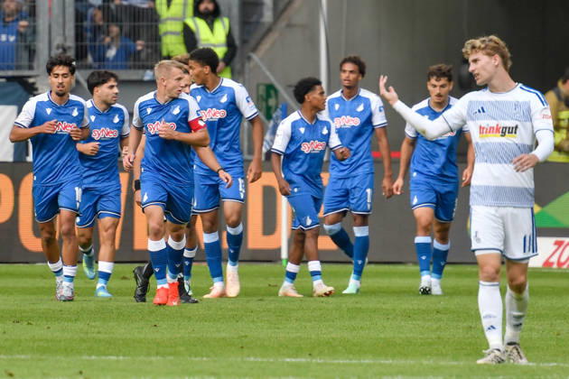 The Hoffenheim team: Celebrations, Joy, Emotion, Goal Celebrations, Goal Scorers, Goal Scorer Tobias Fleckstein, Duisburg 5, Own Goal 10, 10, 2026 ¢ Soccer ¢ MSV Duisburg vs. TSG 1899 Hoffenheim II, Schauinsland Reisen Arena, Duisburg, DFB DFL REGULATIONS PROHIBIT ANY USE OF PHOTOGRAPHS AS IMAGE SEQUENCES AND OR QUASI-VIDEO NRW Germany Copyright: xpepphotox xSaschaxWeizx pep00321, pep_20261010_hm