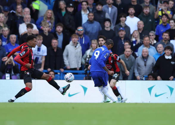10th October 2026; Stamford Bridge, London, England; Premier League Football, Chelsea versus Bournemouth; Joao Pedro of Chelsea scoring his sides 3rd goal in the 46th minute to make it 3-0 JohnxPatrickxFletcher