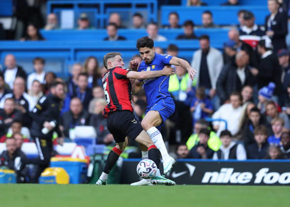 10th October 2026; Stamford Bridge, London, England; Premier League Football, Chelsea versus Bournemouth; Joao Pedro of Chelsea under pressure from Adrien Truffert of AFC Bournemouth JohnxPatrickxFletcher