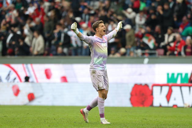 Finn Dahmen, FC Augsburg, No. 01, celebrates the goal that makes it 2–1; celebration, emotion; GER; FC Augsburg vs. FC Bayern Munich; soccer; Bundesliga; Matchday 5; 2026–2027 season; October 10, 2026, DFL and DFB regulations prohibit any use of photographs as image sequences and or quasi-video, GER, FC Augsburg vs. FC Bayern Munich, soccer, Bundesliga, Matchday 5, 2026–2027 season, October 10, 2026, Augsburg Copyright: xEibner-Pressefoto JennixMaulx EP_JML
