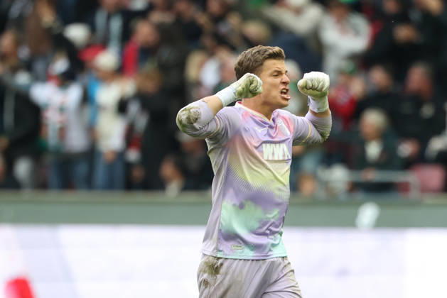 Finn Dahmen, FC Augsburg, No. 01, celebrates the goal that makes it 2–1; celebration, emotion; GER; FC Augsburg vs. FC Bayern Munich; soccer; Bundesliga; Matchday 5; 2026–2027 season; October 10, 2026, DFL and DFB regulations prohibit any use of photographs as image sequences and or quasi-video, GER, FC Augsburg vs. FC Bayern Munich, soccer, Bundesliga, Matchday 5, 2026–2027 season, October 10, 2026, Augsburg Copyright: xEibner-Pressefoto JennixMaulx EP_JML