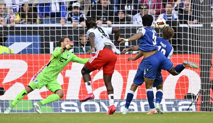 GOAL: 2-2 Terem Moffi Hamburger SV (HSV) 09 Shot on goal, play, scoring chance, header duel, tackle, play against Ozan Kabak TSG 1899 Hoffenheim 05 Wouter Burger TSG 1899 Hoffenheim 18 Goalkeeper Oliver Baumann TSG 1899 Hoffenheim 01 TSG 1899 Hoffenheim vs. Hamburger SV HSV 10 10 2026 DFL regulations prohibit any use of photographs as image sequences and or quasi-video TSG 1899 Hoffenheim vs. Hamburger SV (HSV)