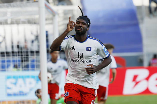 Terem Moffi of HSV outjumps Ozan Kabak of TSG Hoffenheim to head the ball into the net, scoring the goal to tie the game at 2–2, and celebrates the goal in the Bundesliga match between TSG 1899 Hoffenheim and Hamburger SV at the PreZero Arena, Sinsheim, Germany, on October 10, 2026, in action during the Bundesliga match between TSG 1899 Hoffenheim and Hamburger SV at the PreZero Arena, Sinsheim, Germany, on October 10, 2026. DFB and DFL regulations prohibit any use of photographs as image sequences and or quasi-video, Copyright: HMBxMedia xHeikoxBecker
